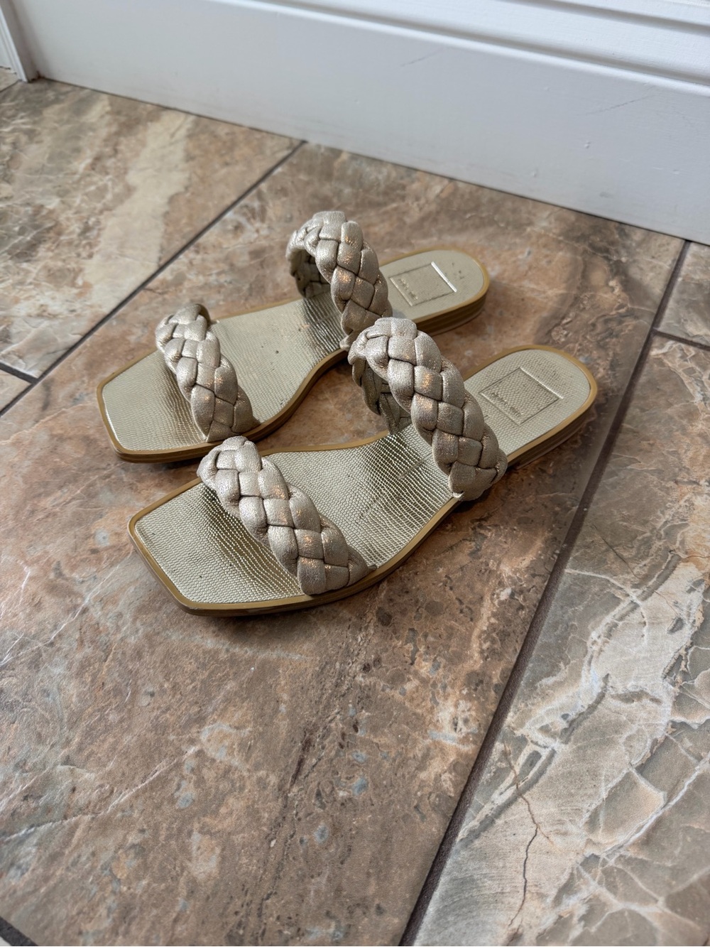 Dolce Vita Metallic Braided Double-Strap Slide Sandals - Champagne Gold